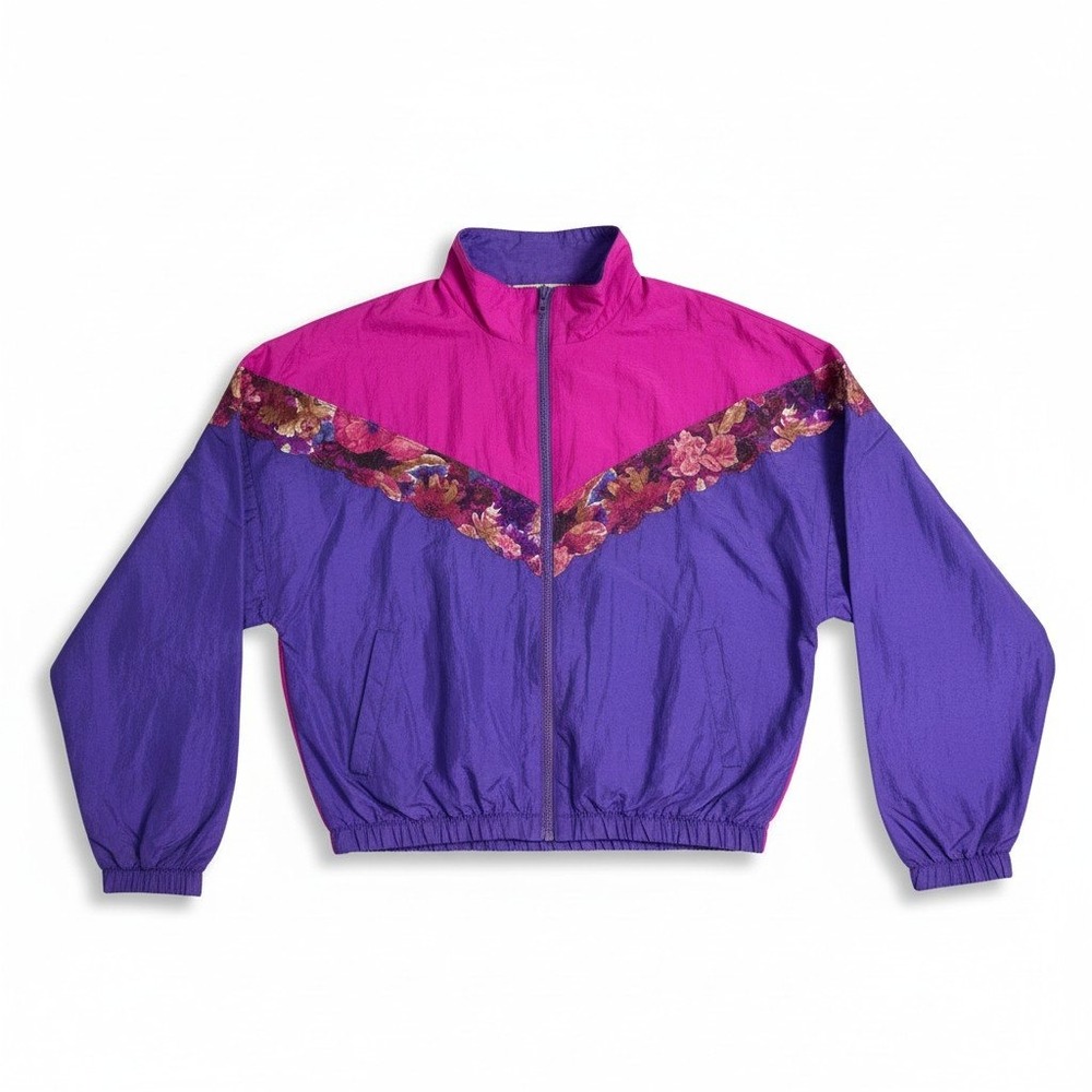 Michel Nicole Vintage Colorblock Windbreaker Jacket Purple Magenta Floral‎ Lace